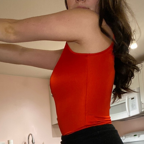 Red cutout heart diamonds top shiny stretchy! - Picture 3 of 5